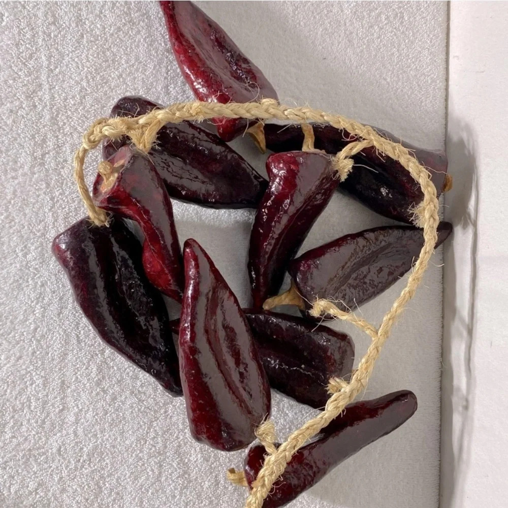 Vintage Decorative Paper Maché Deep Red Peppers On A Braided Rope